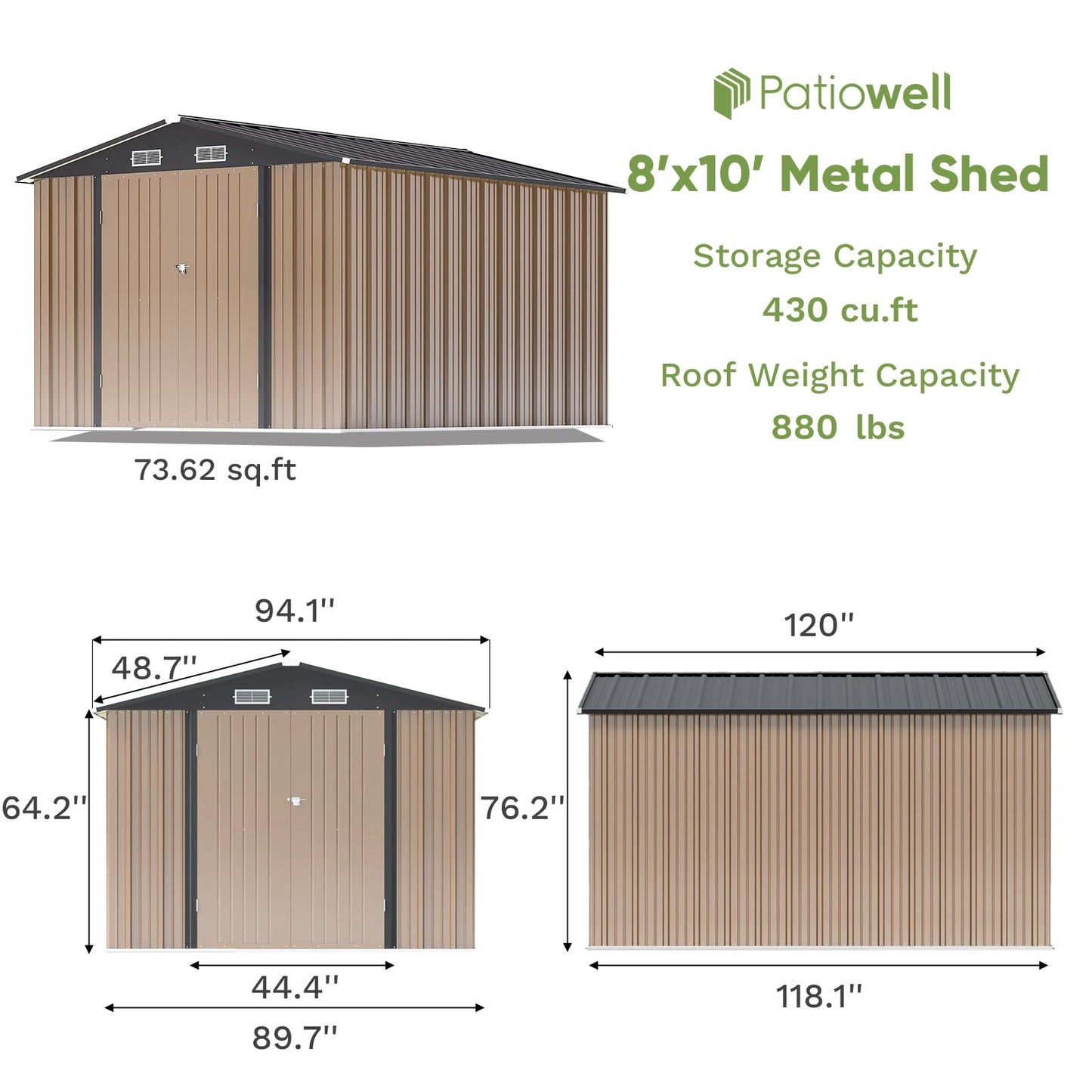 Patiowell 8x10 FT Outdoor Storage Shed, Large Garden Tool Metal Shed with Sloping Roof and Double Lockable Door, Outdoor Shed for Backyard Garden Patio Lawn, Brown - WoodArtSupply