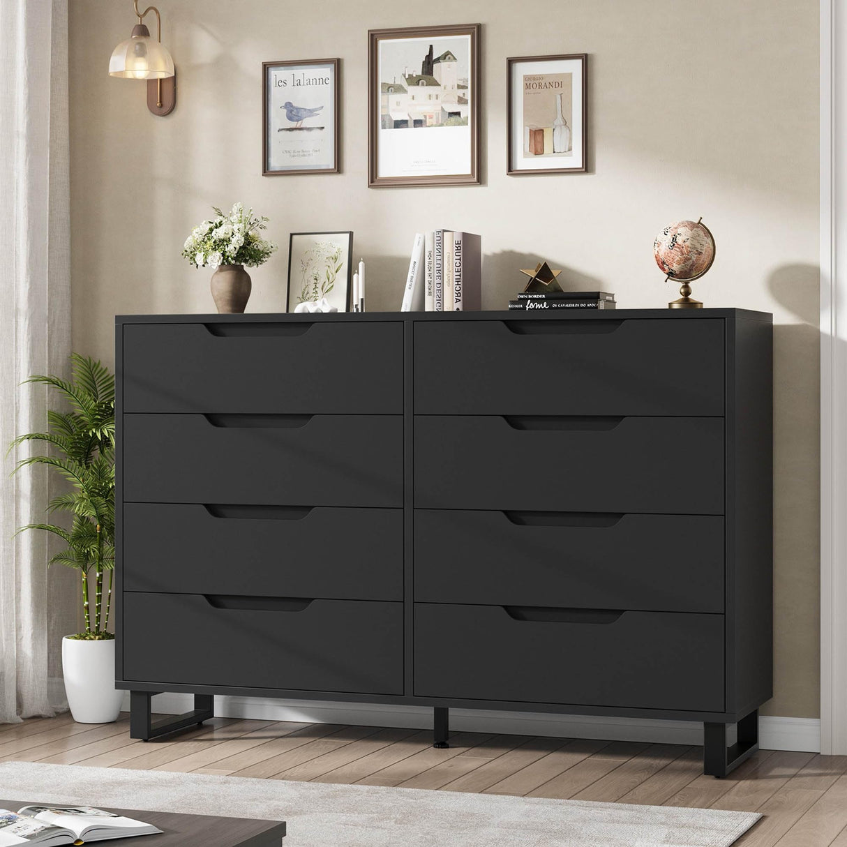 GarveeHome 8 Dresser for Bedroom, 55" Wide Dresser, Freestanding Horizontal Drawer with Storage, Wooden Closet Chest Storage for Living Room, Hallway, Entryway, Black GarveeHome