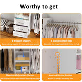 secilix Closet System, 5FT-8FT Closet Organizer System with 4 Expandable Hanging Rods and Moveable Shelves, 99" Walk in Closet System with 3 Wooden Drawers, Custom Built in Closet, Wall Mount (White) secilix