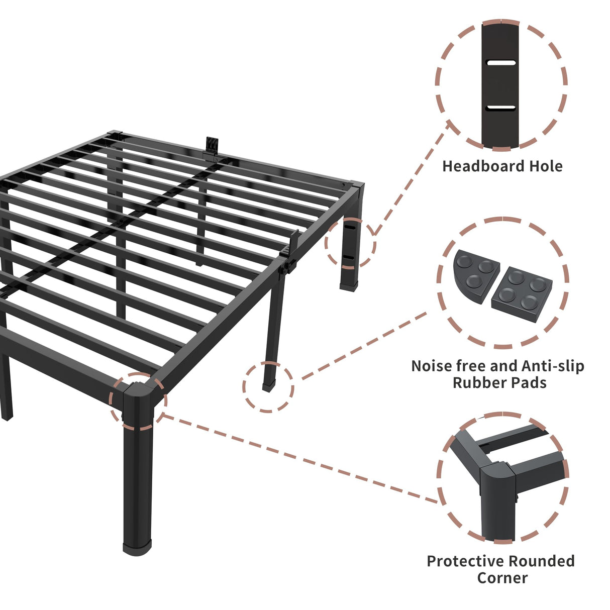 ROIL 14 inch King Size Bed Frame Metal Platform No Box Spring Needed with Headboard Hole Round Corner Legs Mattress Stoppers Retainers 3500LBS Heavy Duty Steel Slats Noise-Free ROIL