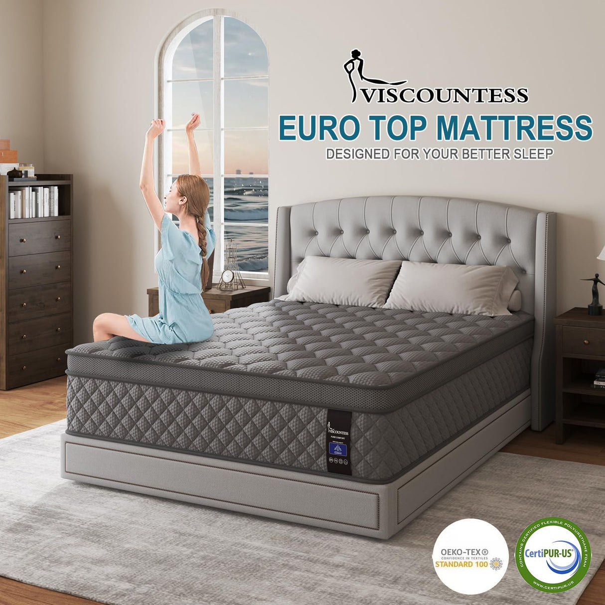 VISCOUNTESS King Mattress, 14 Inch Hybrid Mattresses Grey Euro Top Medium Firm for Back & Lumbar Support, 100 Night Trial, Individual Pocket Spring Bed for Motion Isolation & Pressure Relief VISCOUNTESS