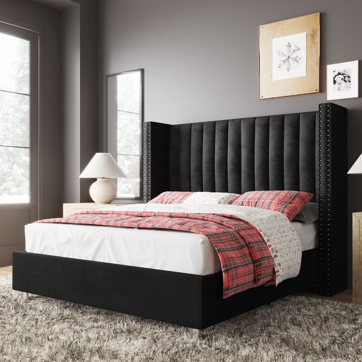Jocisland Queen Size Upholstered Platform Bed Frame with Tall Wingback Headboard, Velvet Modern Luxury Design, No Box Spring Needed, Easy Assembly, Black Jocisland