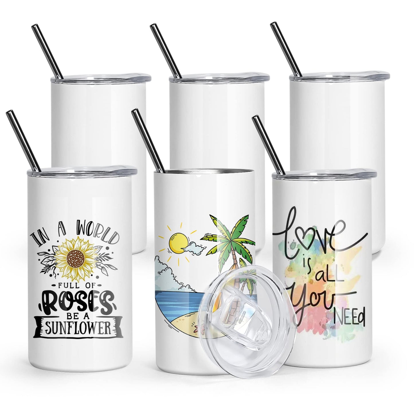 AGH 12 oz Sublimation Tumblers White Stainless Steel Straight Double Wall Vacuum 6pcs Kids Sublimation Tumblers Blanks with Lids and Straws for DIY Gift, Coffee, Tea, Beverages