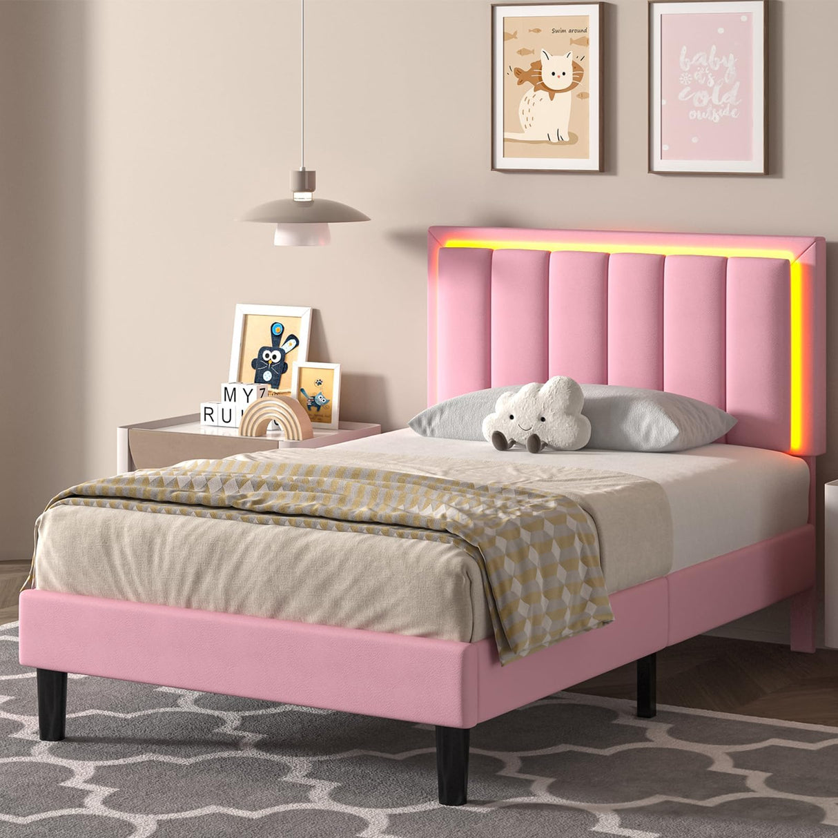 IMMERSTABLE Pink Twin Size Bed Frame with LED Headboard, Pink Upholstered Bed Frame with Double Leather Headboard, Heavy Duty Wood Slats Support, Noise-Free, No Box Spring Needed, Easy Assembly, Pink IMMERSTABLE