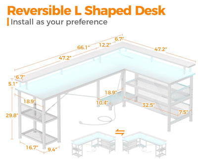 ODK 66" L Shaped Gaming Desk with Power Outlet and LED Lights, PC Gaming Table with USB Ports, Reversible L Shape Desk with Storage Shelves & Monitor Stand, Home Office Desk, Pure White