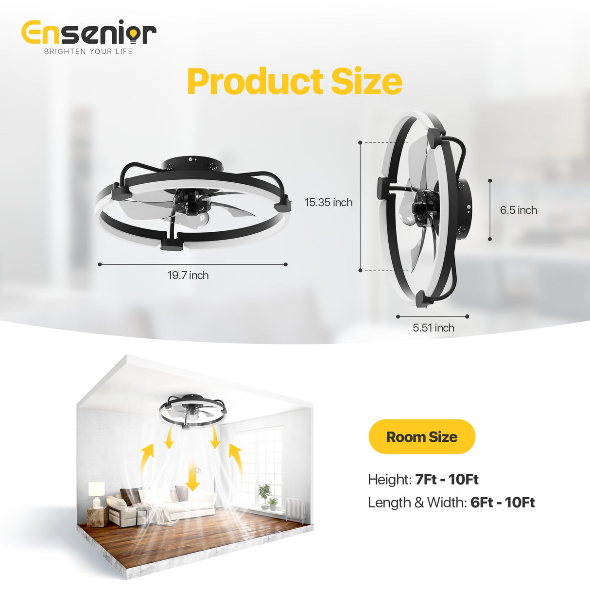 Ensenior 20'' Low Profile Ceiling Fans with Lights and Remote, Fandelier Ceiling Fan Flush Mount, APP Control, 6 Speed & 3000K-6500K Stepless Dimmable Small Ceiling Fan with Light for Bedroom - Black Ensenior