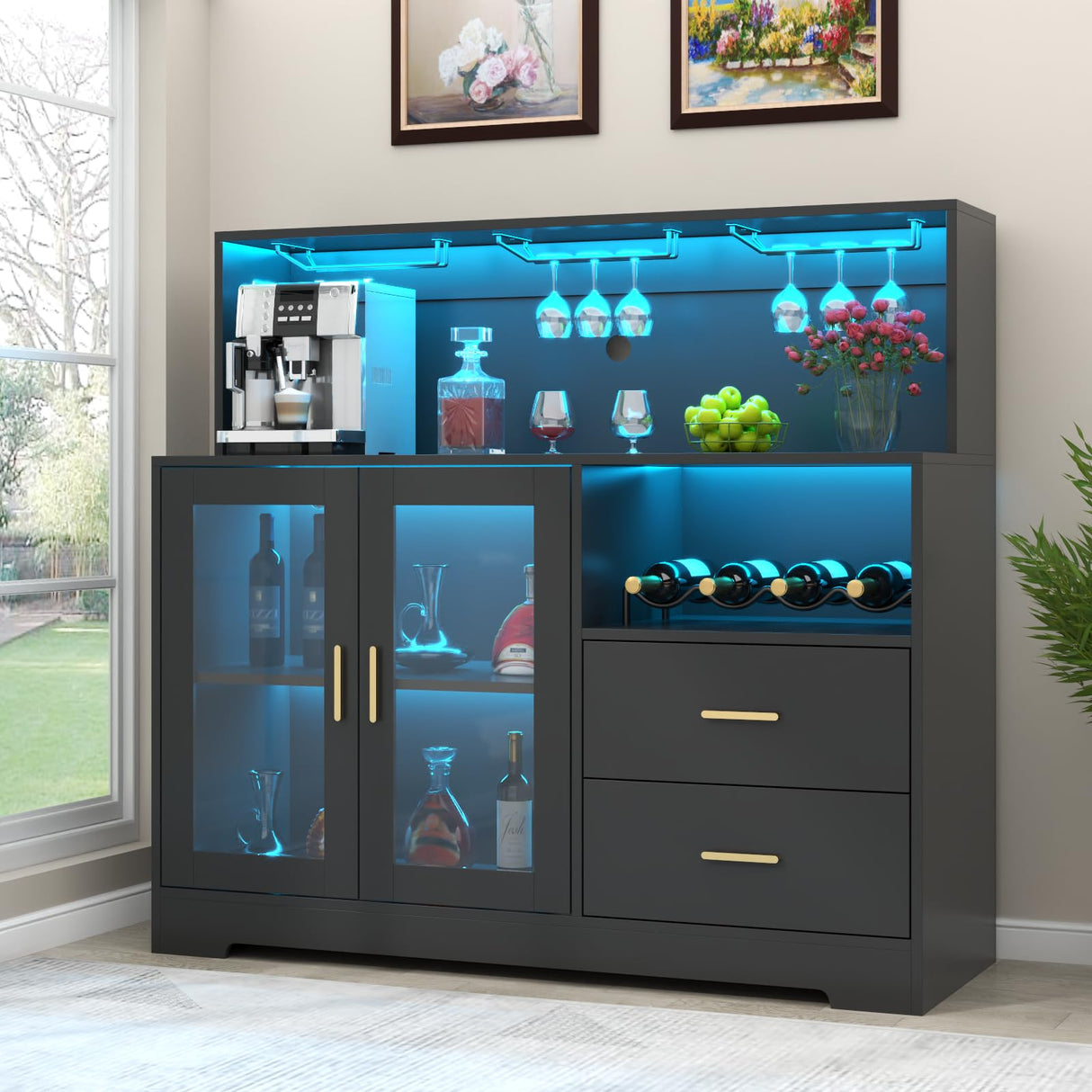 Auromie Wine Bar Cabinet with LED Light, Home Coffee Cabinet with Wine and Glass Rack, Kitchen Buffet Sideboard with Storage Cabinet&Drawers, Modern Liquor Cabinet for Living Room Dining Room (Black) Auromie