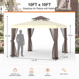 Gazebo, 10x10 Patio Gazebo Waterproof Canopy Tent UV-Resistant 2-Tier Top Sturdy Outdoor Canopy Tent for Camping with Mosquito Netting for Garden Patio Backyard(10FT x 10FT) Phonjoroo