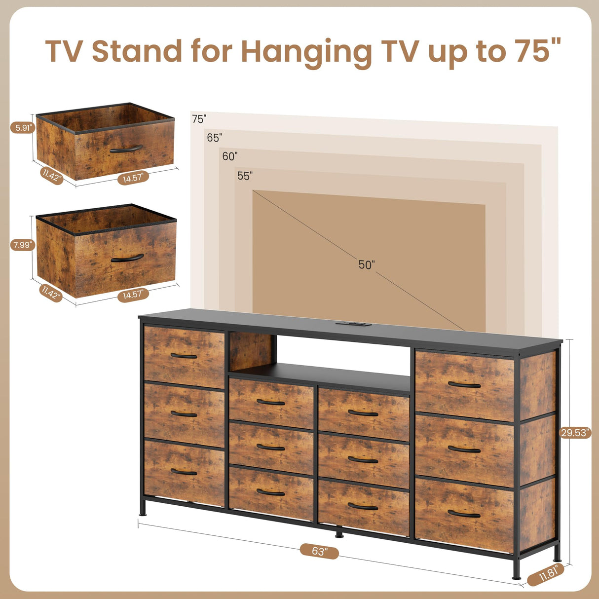 Patikuin 63" Dresser TV Stand for 65 70 75 Inch TV, Fabric Chest of Drawers with Charging Station, LED Lights, Open Shelves & 12 Drawer Dresser, Modern Entertainment Center, Rustic Brown Patikuin