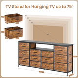 Patikuin 63" Dresser TV Stand for 65 70 75 Inch TV, Fabric Chest of Drawers with Charging Station, LED Lights, Open Shelves & 12 Drawer Dresser, Modern Entertainment Center, Rustic Brown Patikuin