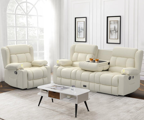 Dresegmt Loveseat Recliner Sofa Set, Flip Middle Backrest Design PU Leather 3 Seater Reclining Sofa and Single Oversized Recliner Chair, Manual Couches for Living Room (Ivory, PU 3+1) Dresegmt
