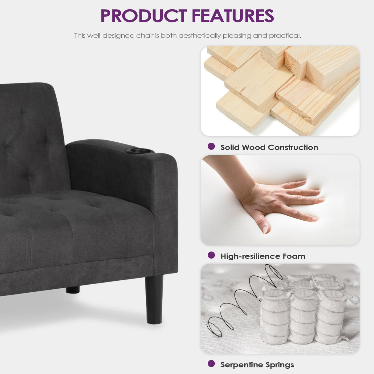 TYBOATLE Mid-Century Modern Tufted Loveseat Sofa w/ 2 USB Charger Ports and 2 Cupholders, Linen Fabric Small Love Seat Couches for Compact Living Room, Bedroom, Apartment, Dorm, 62" W (Dark Grey) TYBOATLE