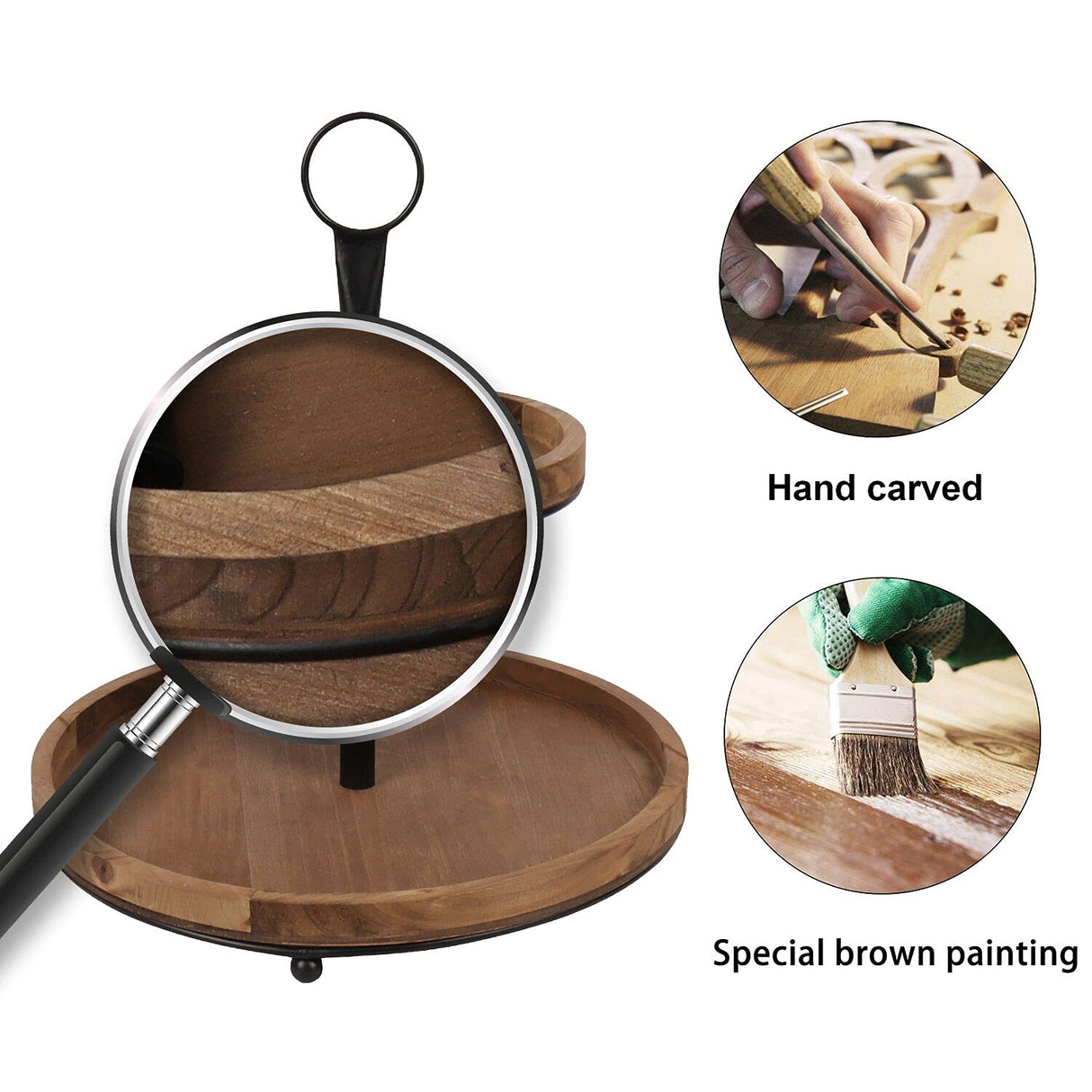 GENMOUS & CO. Farmhouse Tiered Tray Decor with Distressed Wood Bead Garland, Decorative 2 Tiered Serving Tray with Metal Handle for Rustic Home Décor GENMOUS & CO.