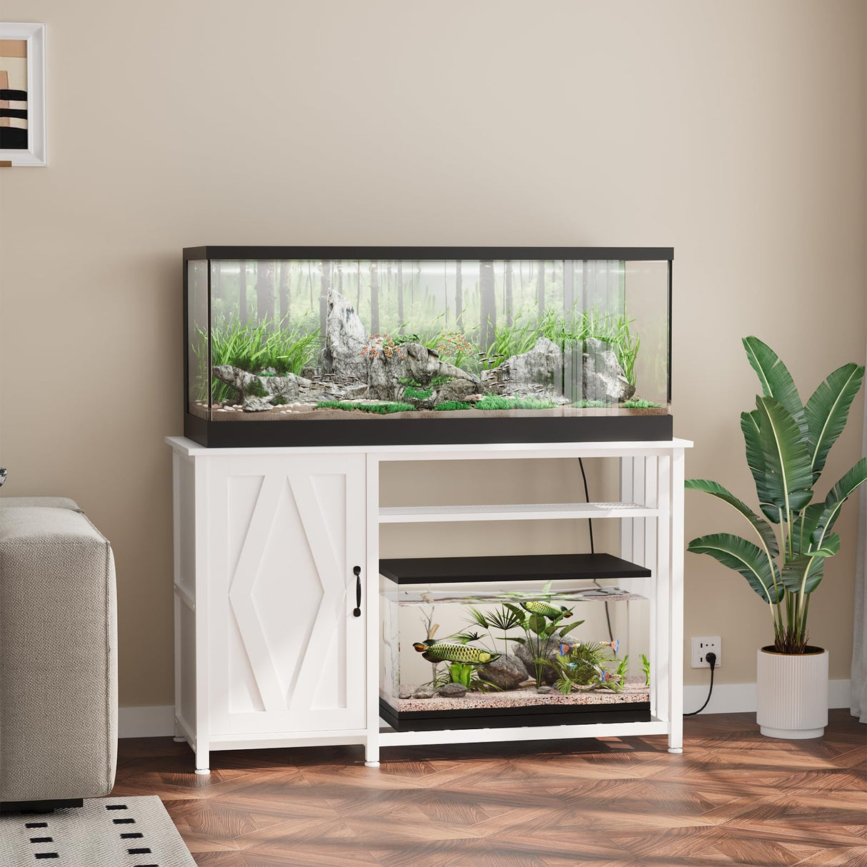 VOWNER 55-75 Gallon Fish Tank Stand, Aquarium Stand with Power Outlets, Cabinet for Fish Tank Accessories Storage, Heavy Duty Metal Frame, Suitable for Fish Tank, Turtle Tank, 1200LBS Capacity, White VOWNER