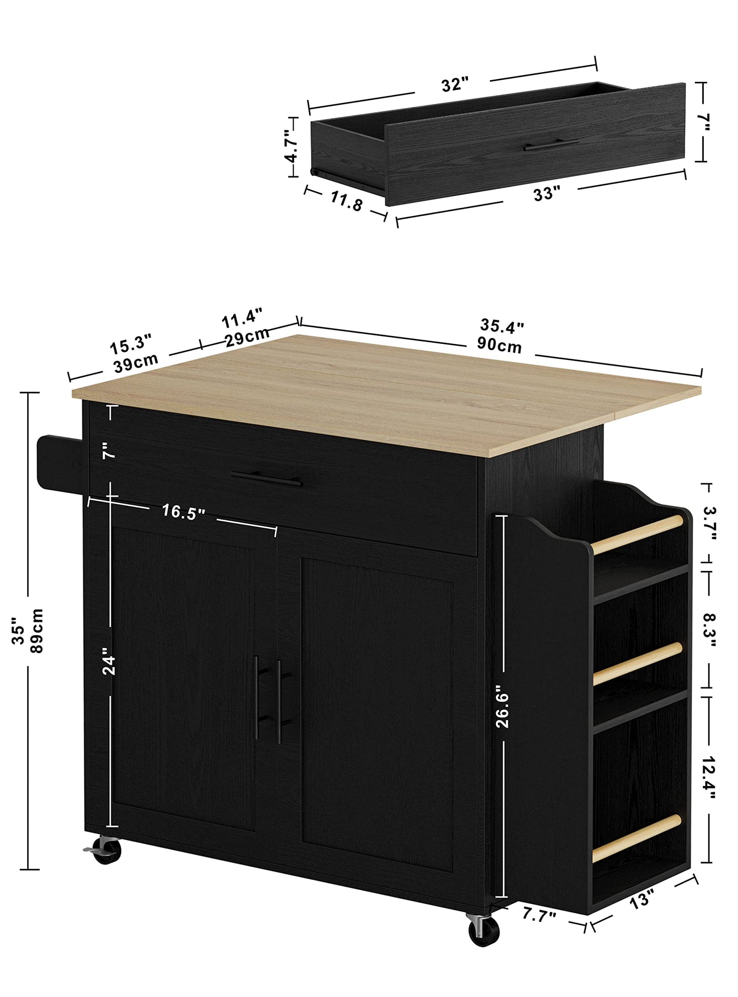 Rolling Kitchen Island with Drop Leaf, Storage Cabinet, and Charging Station - Black by IRONCK - WoodArtSupply