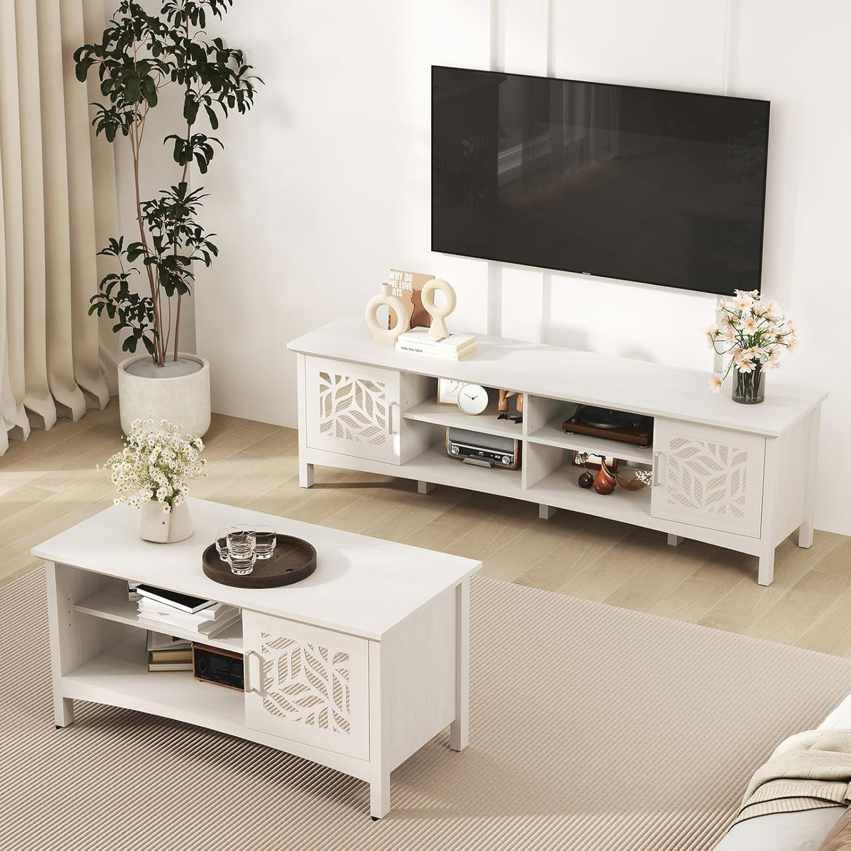 Bonzy Home 39.4" Wooden Coffee Table with Mirror Doors, Modern Center Table with Storage and Open Shelves, Rectangle Coffee Tables for Living Room, Apartment, White Ash Bonzy Home