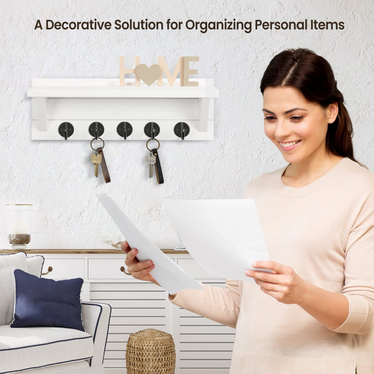 Lwenki Wall Key Holder with Shelf, Rustic Shelf with Hooks Made of Paulownia Wood Holds Keys, Dog Leash, Bags and More - 13.7" W x 4.7" H x 3.5" D Decorative Key Hanger and Entryway Shelf (White) Lwenki