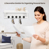 Lwenki Wall Key Holder with Shelf, Rustic Shelf with Hooks Made of Paulownia Wood Holds Keys, Dog Leash, Bags and More - 13.7" W x 4.7" H x 3.5" D Decorative Key Hanger and Entryway Shelf (White) Lwenki