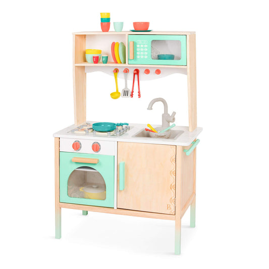 B. toys- Mini Chef Kitchenette- Pretend Play Wooden Play Kitchen – Kitchen for Kids – Kitchen Play Set & Accessories – (20+ Pcs)- 3 Years +