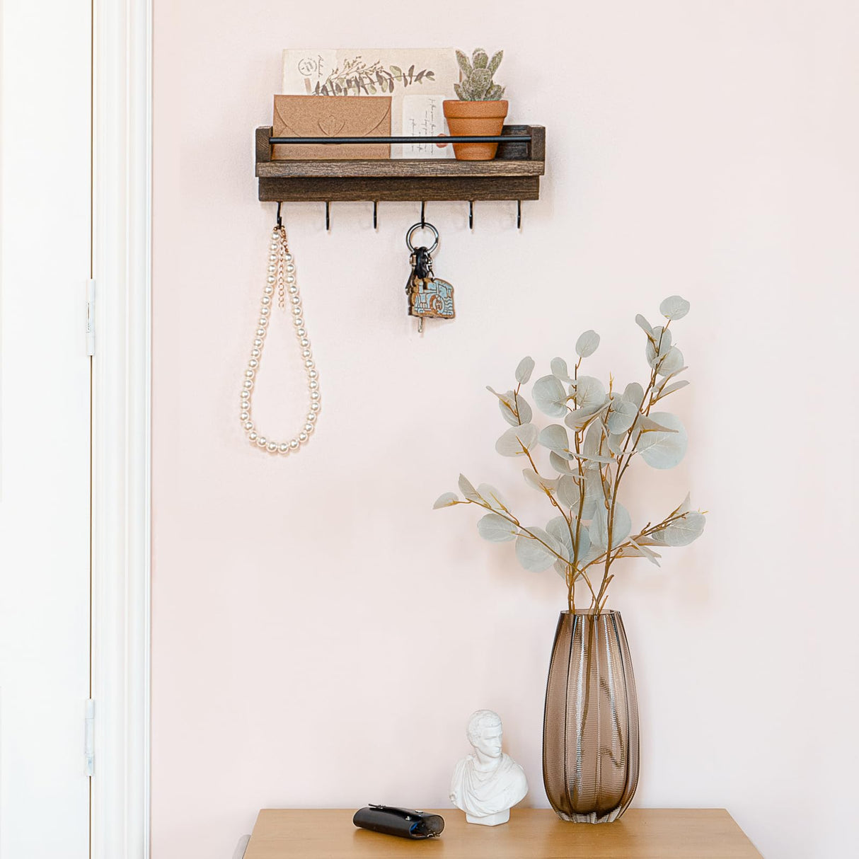 Mkono Key Holder for Wall 9.5" x 3.5" x 2.5" Small Rustic Wood Key Rack with 6 Hooks Decorative Display Keys Hanger Organizer for Entryway Living Room Bedroom Bathroom Office Home Decor Mkono