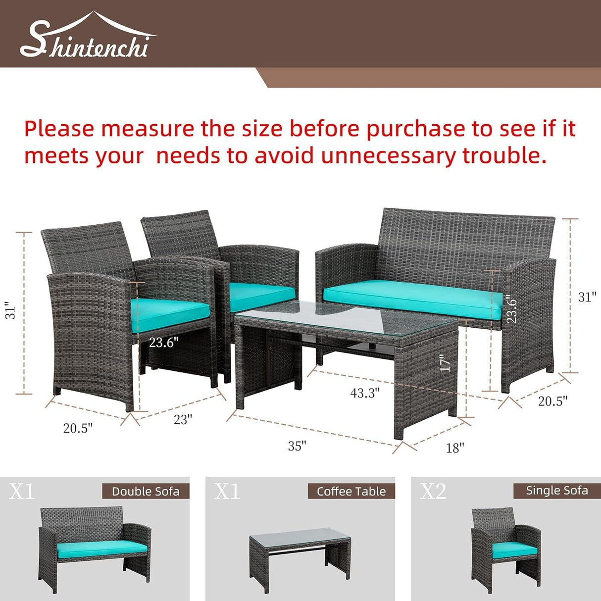 Shintenchi 4 Piece Patio Ratten Set Outdoor Furniture Set Wicker Conversation Set with Cushions and Tempered Glass Tabletop,Blue Shintenchi