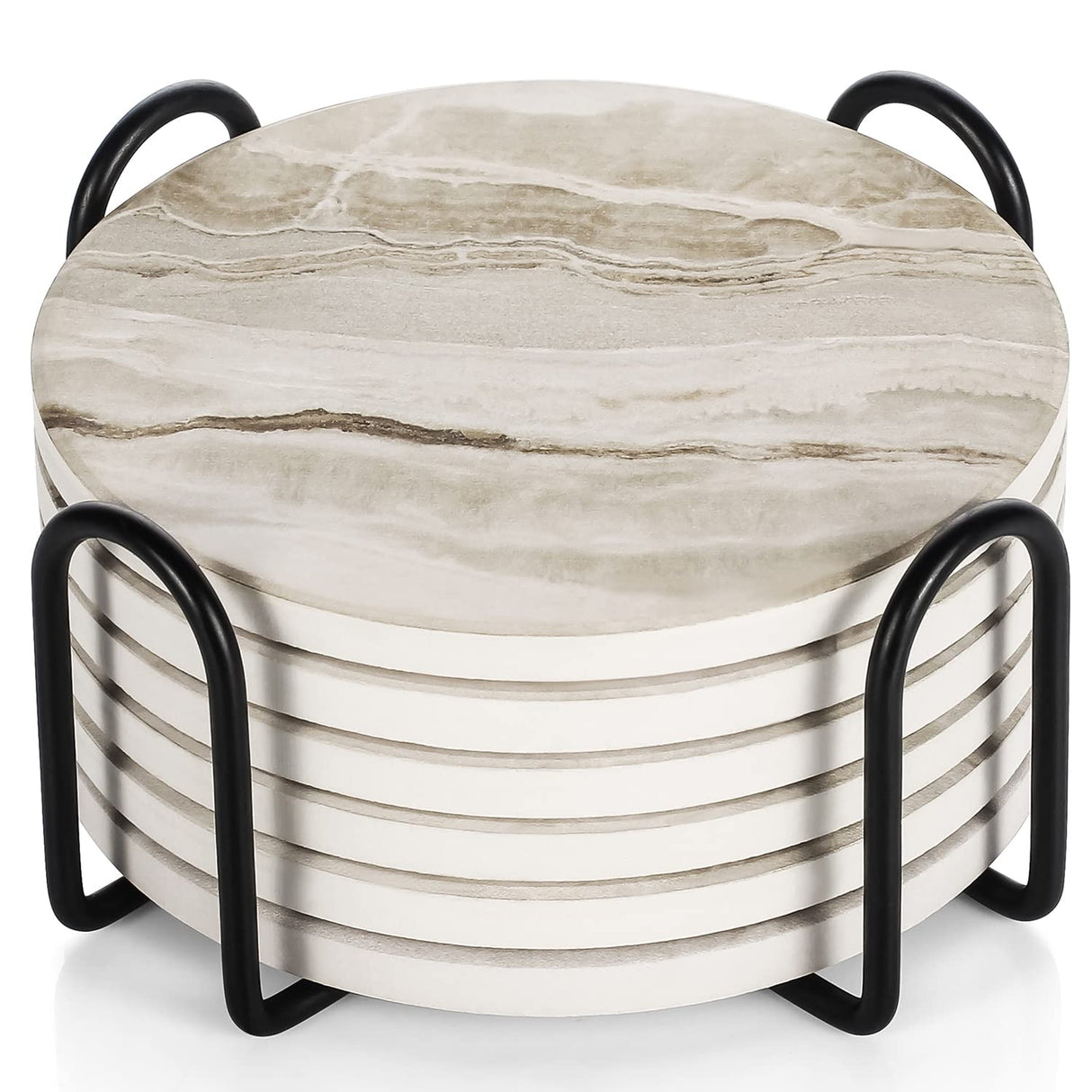 LIFVER Coasters Set of 6, Coasters for Drinks Absorbent Stone with Holder, Black Marble Style Ceramic Drink Coaster for Tabletop Protection, Coffee Table Decor Ideal for Home Decor House Warming Gifts LIFVER