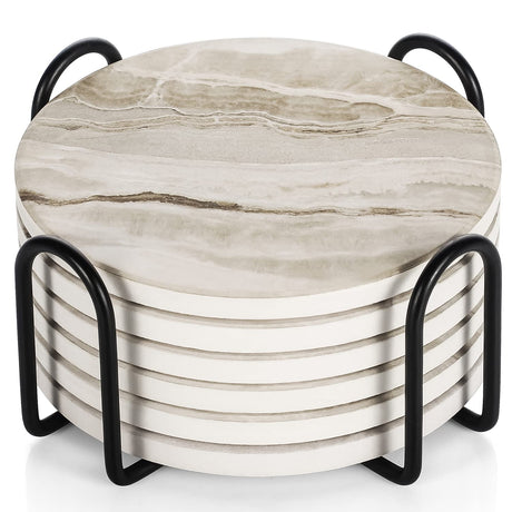 LIFVER Coasters Set of 6, Coasters for Drinks Absorbent Stone with Holder, Black Marble Style Ceramic Drink Coaster for Tabletop Protection, Coffee Table Decor Ideal for Home Decor House Warming Gifts LIFVER