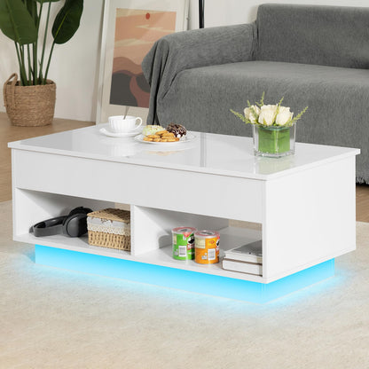 HOMMPA Lift Top Coffee Table with Hidden Storage LED Coffee Table Morden High Gloss White Living Room 3 Tiers Modern Tea Table with Storage Center Tables Hidden Compartment & 2 Open Shelves