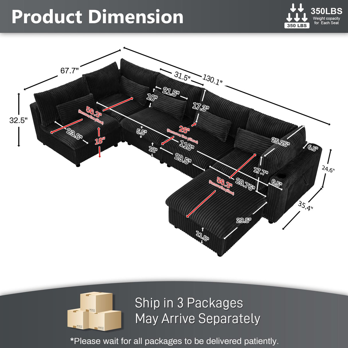 130" Oversized Cloud Couch Large Modular Sectional Sofa Modern U Shaped Sectional Couch 6 Deep Seat Sofa Set for Living Room Comfy Plush Corduroy Cloud Sofa with Ottoman, USB Port, Cup Holder, Black ONEMMLION