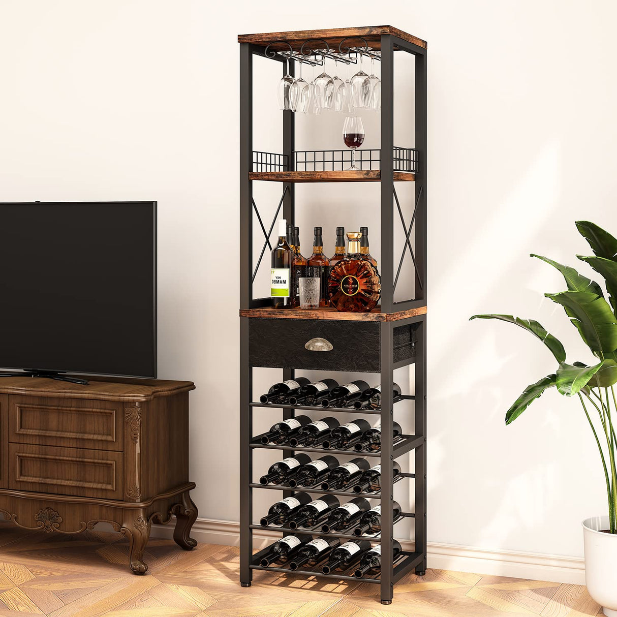 Homeiju Wine Rack Freestanding Floor, Bar Cabinet for Liquor and Glasses, 4-Tier bar Cabinet with Tabletop, Glass Holder, Storage Drawer and Wine Storage for Home Bar(Patent No.D1009580) Homeiju