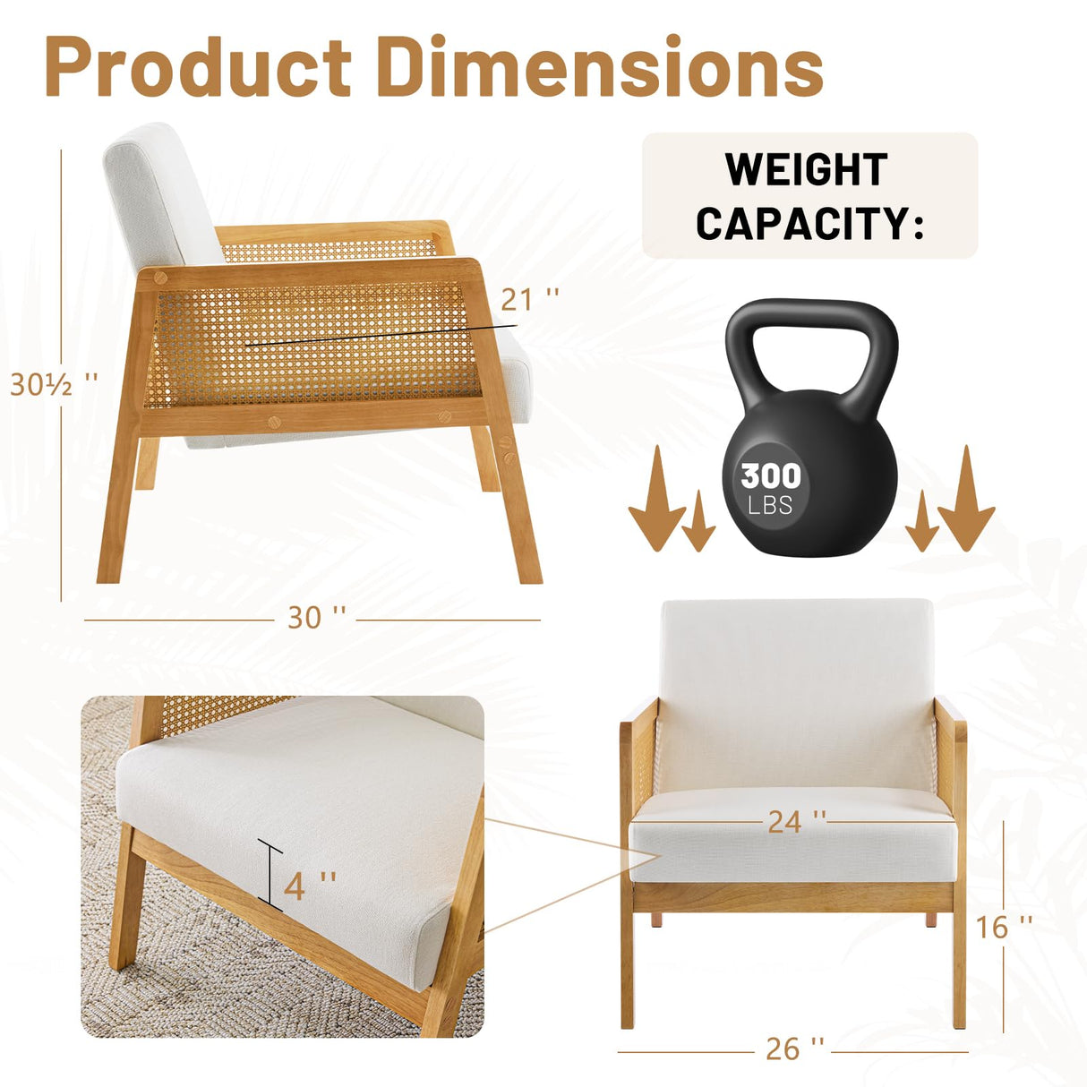 Linen Fabric Accent Chair for Living Room Set of 2, Rattan Webbing Reading Chair with Sturdy Wood Frame, Upholstered Lounge Armchairs for Bedroom, Indoor & Outdoor, Patio Furniture, Beige Furniliving