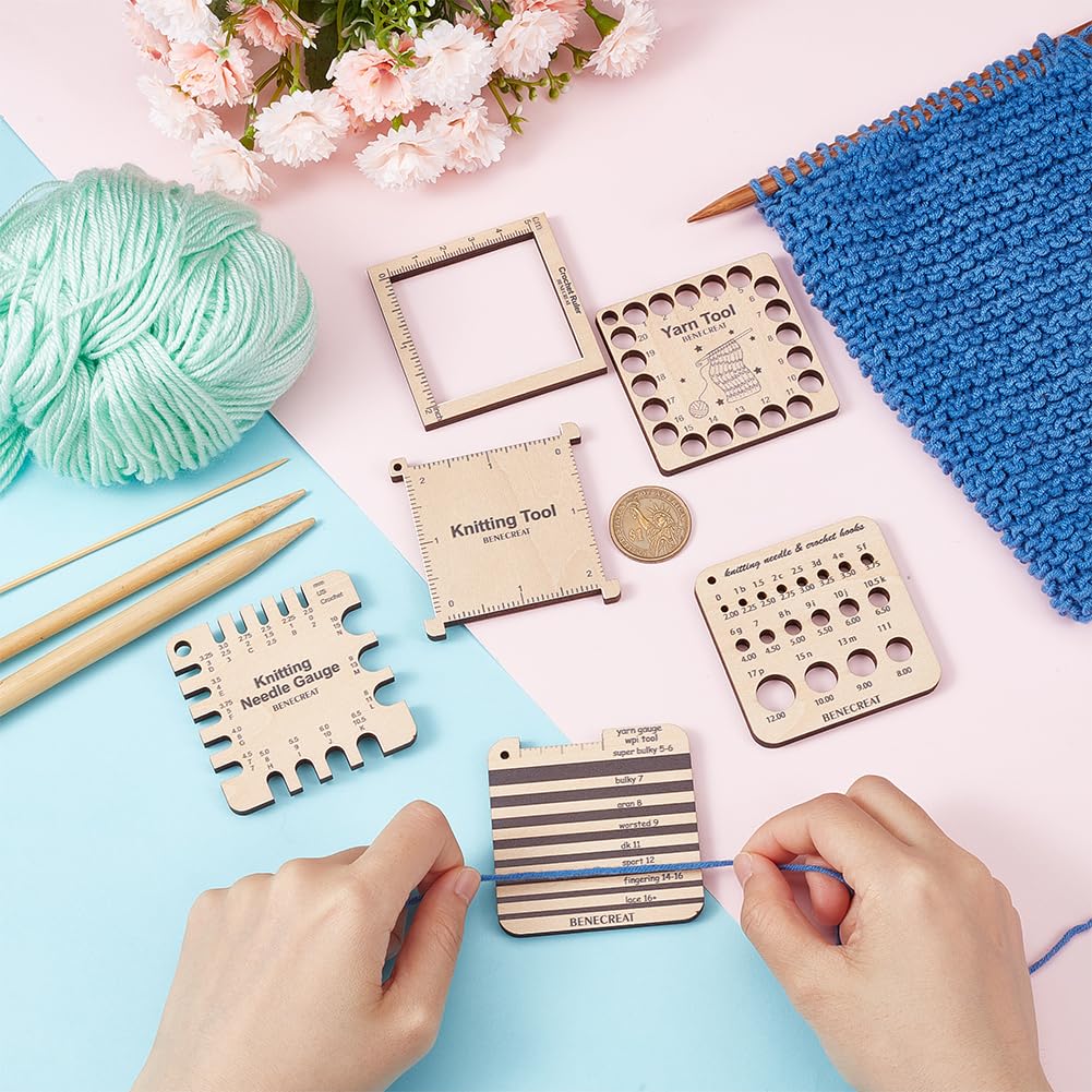 BENECREAT 6 Styles Wood Knitting Gauge Rulers, Crochet Hook and Yarn Wrap Per Inch Guide Knitting Tool for Spinners Yarn Measuring Crochet Accessories BENECREAT