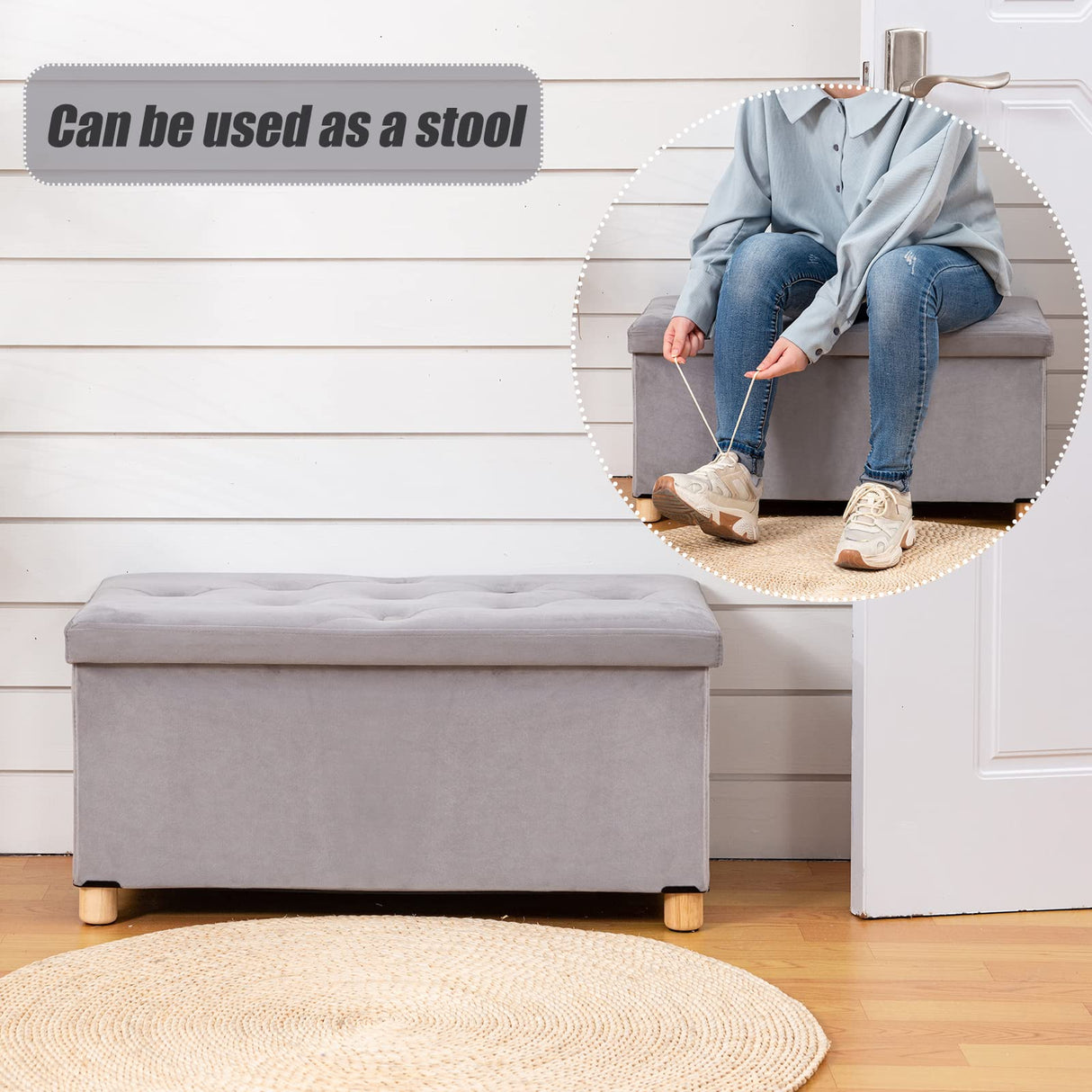 BRIAN & DANY 30 Inches Folding Storage Ottoman Bench, Ottoman with Storage for Living Room, with Wooden Feet and Lid, Grey BRIAN & DANY