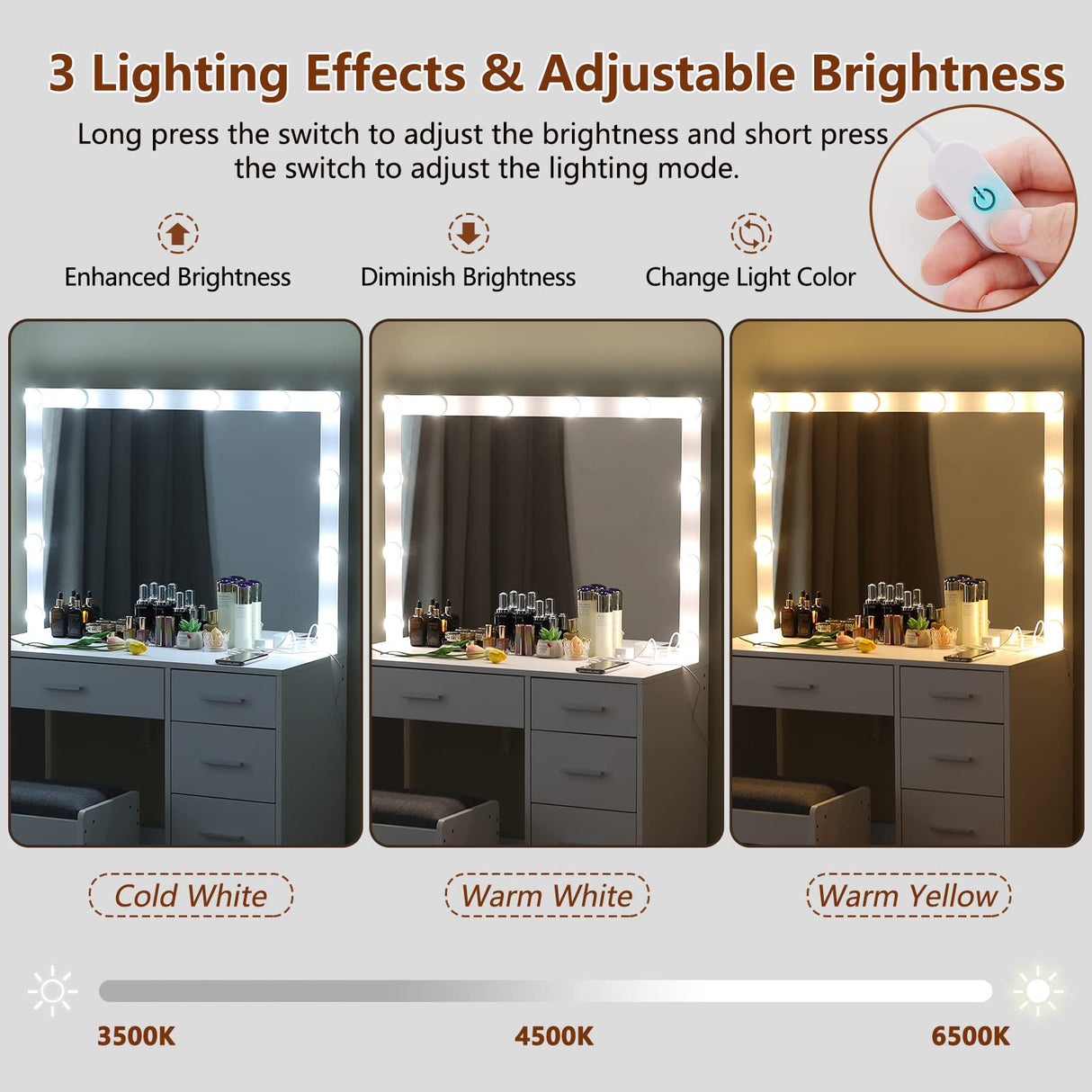 usikey Makeup Vanity with 12 Lights, Vanity Desk with Power Outlet, Makeup Vanity Table with 5 Drawers, Large Mirror, Dressing Vanity Table with Stool for Bedroom, Bathroom, White usikey