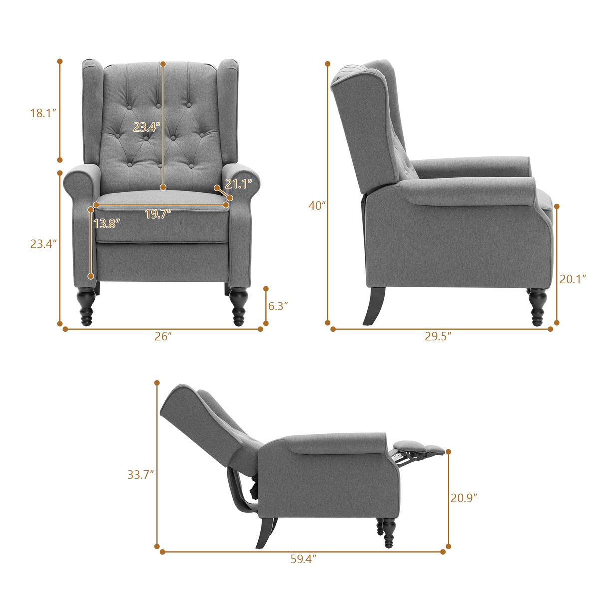Mid Century Wingback Recliner Chair for Adults, Modern Linen Fabric Push Back Recliner Chairs with Button Tufted Upholstered Back & Footrest, Manual Recliner Chais for Living Room, Nursery, Gray BALIAA