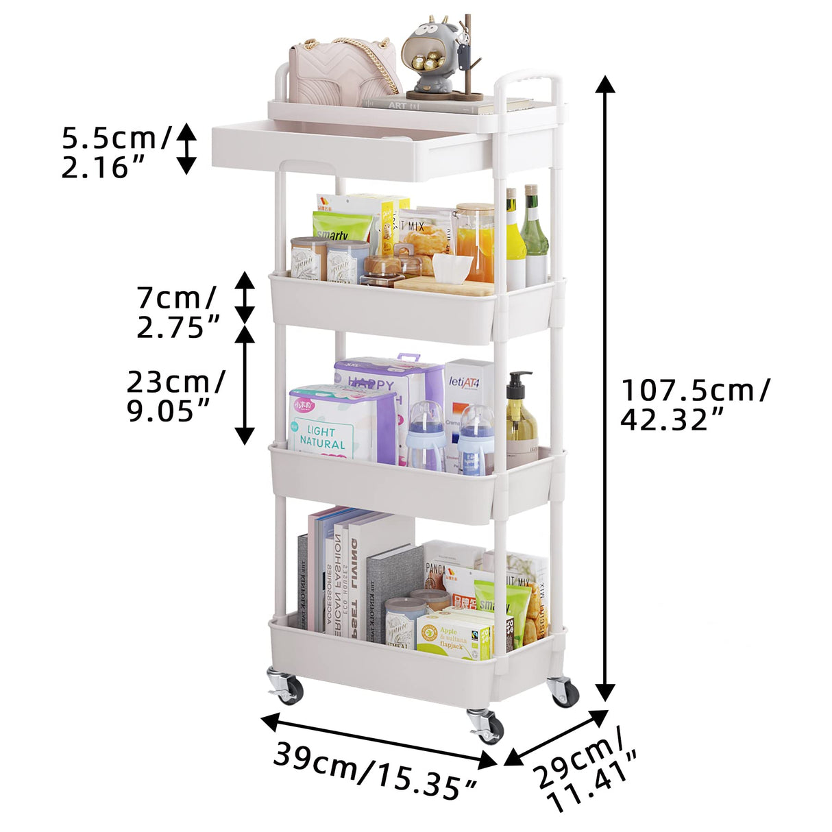 Calmootey 4-Tier Rolling Utility Cart with Drawer,Multifunctional Storage Organizer with Plastic Shelf & Metal Wheel,Storage Cart for Kitchen,Bathroom,Living Room,Office,White Calmootey