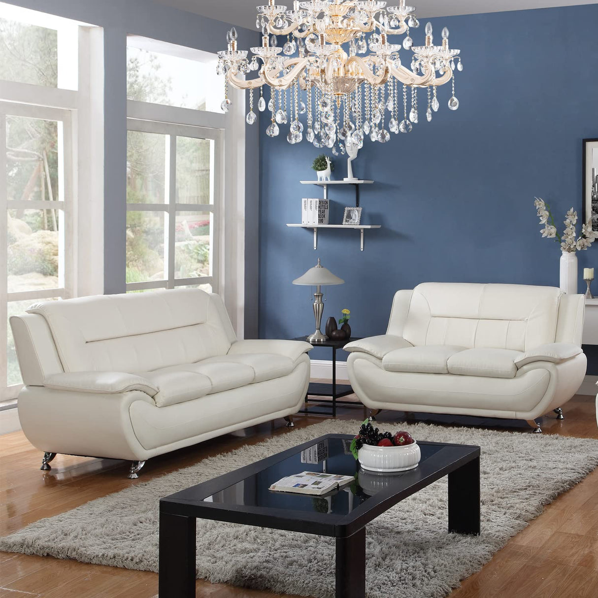 Faux Leather Sofa Couch Set, Living Room Sofa and Loveseat Set, Leather Couch and Loveseat Set for Living Room Office Home (2 Piece Leather Living Room Set, Cream White) Plithzy