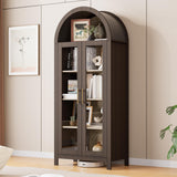 Skyrain 73'' Tall Arched Cabinet, Wood Kitchen Pantry Cabinets with Glass Doors, 5-Tier Storage Hutch with Adjustable Shelves & Metal Handles, Modern Bookcase for Dinning Room, Living Room, Brown Skyrain