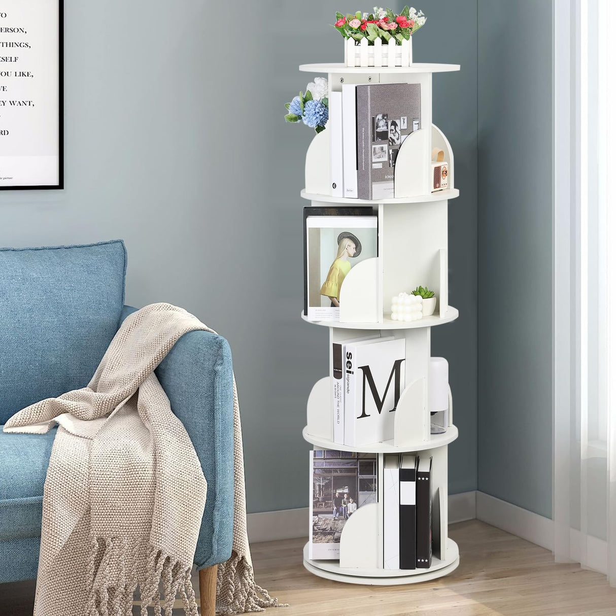 360-Degree Rotating White Bookshelf Tower – 4-Tier Solid Wood Bookcase for Kids and Adults wirlsweal