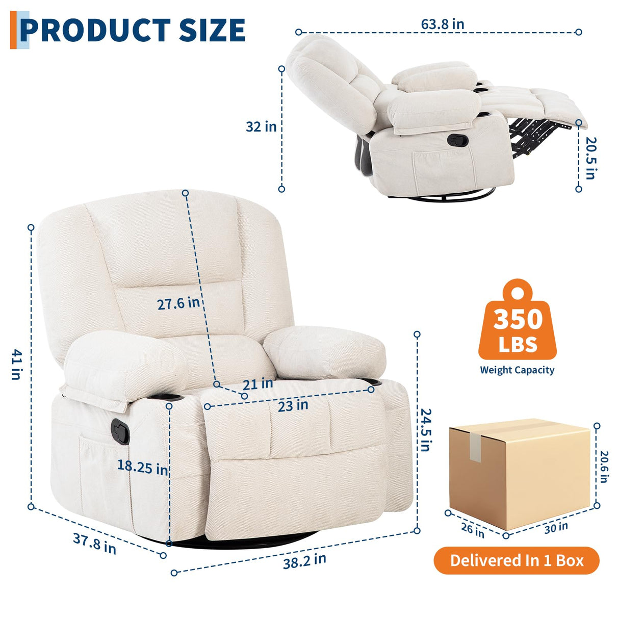 PtioHavn 360° Swivel Recliner Chair with Heat ＆ Massage, Widen Overstuffed Single Sofa Lounge Chair with Side Pockets Cup Holders for Living Room,Bedroom, RV, White PtioHavn
