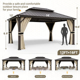 UDPATIO 12' x 16' Hardtop Gazebo, Outdoor Aluminum Gazebo with Galvanized Steel Double Roof, Permanent Metal Canopy with Curtains and Netting for Patio, Garden, Lawn, Backyard, Deck, Beige UDPATIO