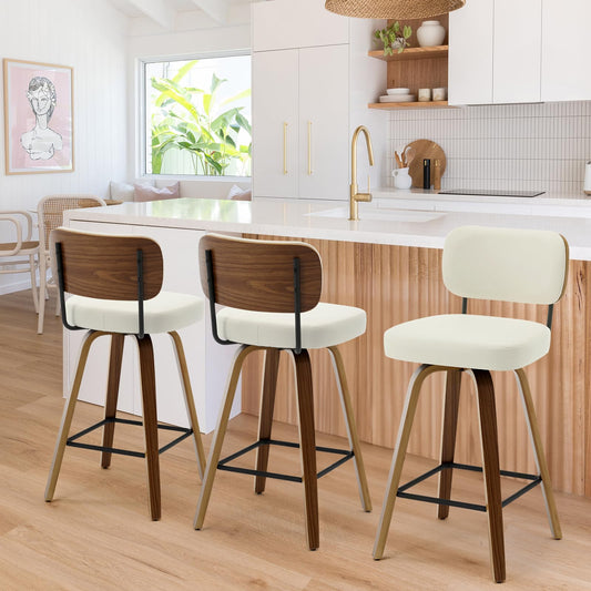 Bekrvio Swivel Counter Height Bar Stools Set of 3, 26" Upholstered Faux Leather Barstools with Back and Bent Wood Legs, Mid Century Modern Bar Chair Island Stool for Kitchen Counter, Cream White