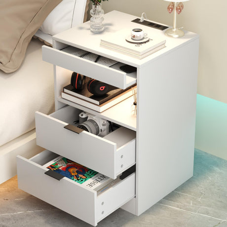 Gadroad LED Nightstand with Charging Station, Bedside Table with 3 Drawers and LED Lights, End Table Sofa Couch Side Table with Pull-Out Shelf, White Gadroad