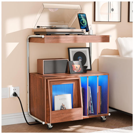 Large Record Player Stand with Sliding Door and Wheels,200 Vinyl Record Storage Cabinet, Record Player Table with Power Outlet & LED Light,Turntable Stand with Wood Legs for Living Room,Bedroom,Office MULEJYBO