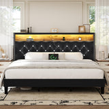 HOMBCK King Size Bed Frame with LED Lights and Storage Headboard, Velvet Upholstered Bed Frame King with Charging Station, Modern Diamond and Rivet Design, No Box Spring Needed, Easy Assembly, Black HOMBCK
