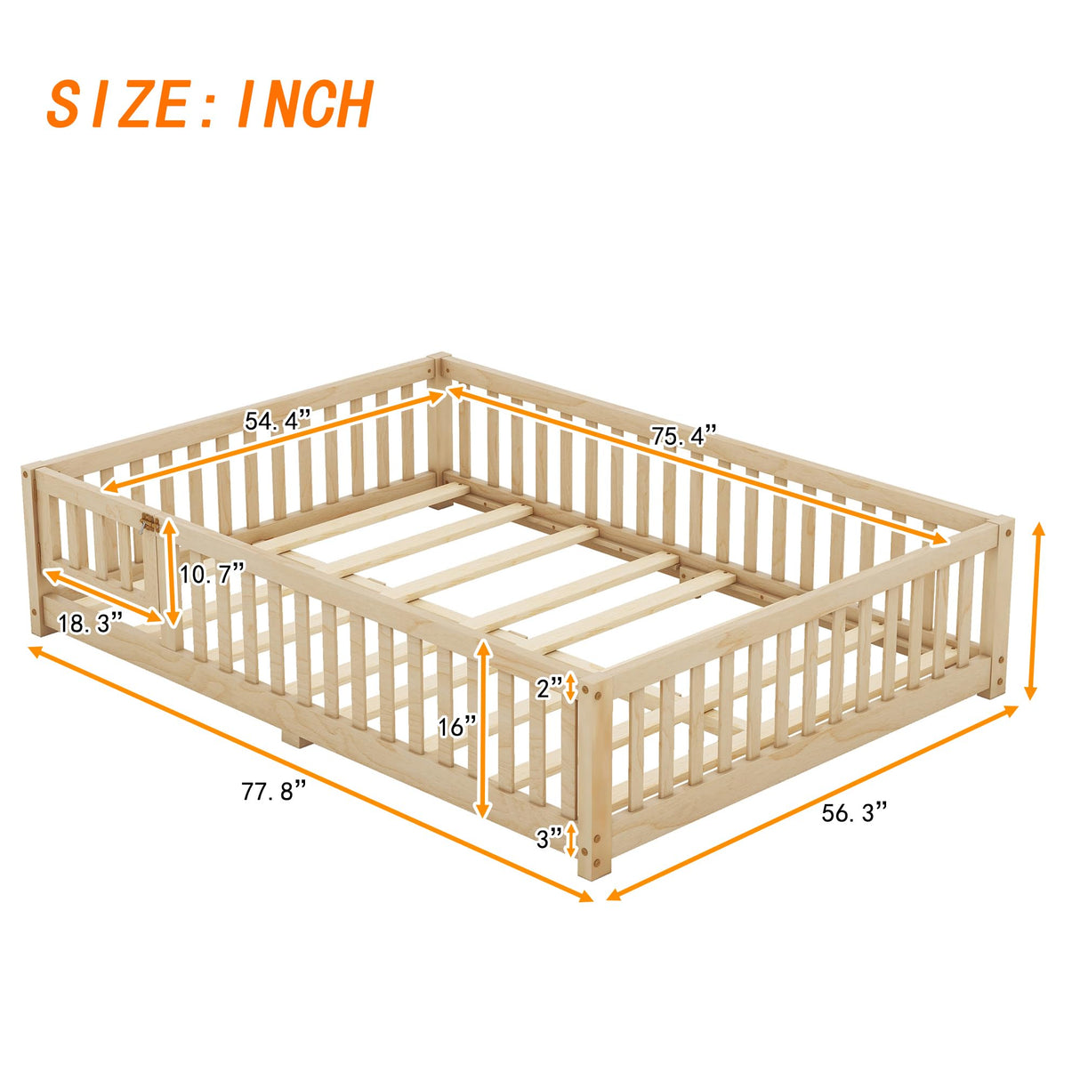 A ALFRESCOOL Full Size Montessori Floor Bed with Safety Guardrails and Convertible Door, Sturdy Pine Wood Floor Bed Frame with Wooden Supports Slats for Toddlers Kids Girls Boys Bedroom (Natural) A ALFRESCOOL