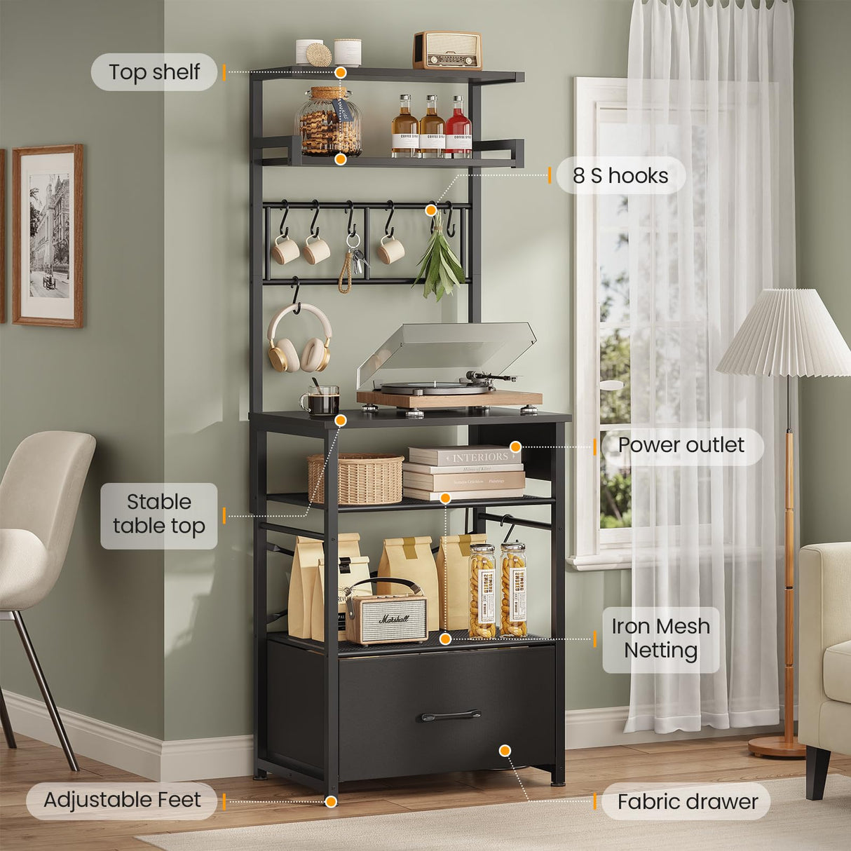 Itaar 6 Tier Bakers Rack, Coffee Station with Power Outlet, Farmhouse Small Coffee Bar with Drawer for Small Space, Microwave Stand with Storage and 8 Hooks for Kitchen, Living Room (Black) Itaar