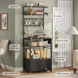 Itaar 6 Tier Bakers Rack, Coffee Station with Power Outlet, Farmhouse Small Coffee Bar with Drawer for Small Space, Microwave Stand with Storage and 8 Hooks for Kitchen, Living Room (Black) Itaar