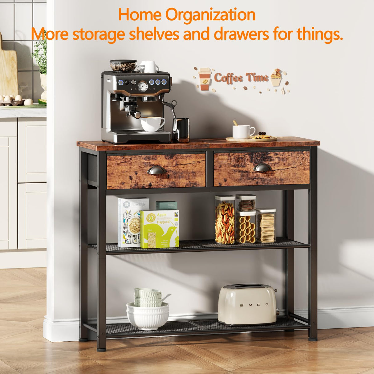 Furologee Console Sofa Table with Storage Shelf, Small 30'' Entryway Table with 2 Fabric Drawers, Industrial Table for Entry Way, Display Shelf for Hallway, Entrance, Foyer, Rustic Brown Furologee