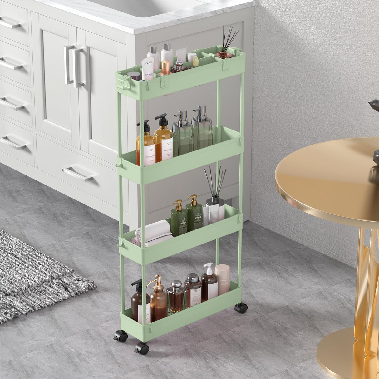 SPACELEAD Slim Storage Cart 4 Tier,Bathroom Organizer Rolling Utility,Mobile Shelving Unit Slide Out for Office, Kitchen, Laundry Room & Narrow Places，Green SPACELEAD